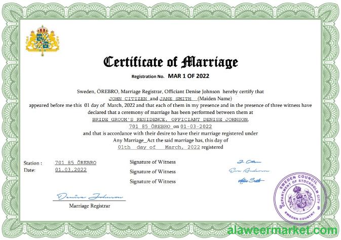 Sweden marriage certificate Word and PDF template